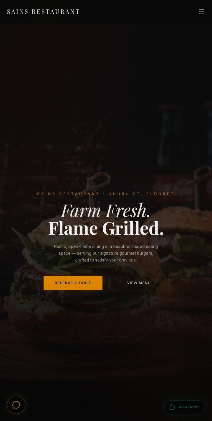 Mobile homepage of the Sains Restaurant website